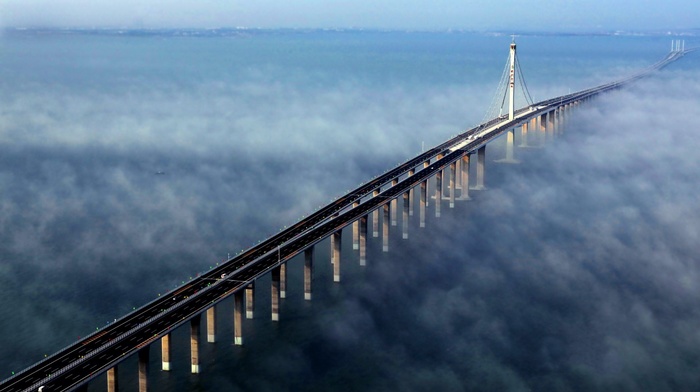 bay, water, mist, bridge, sunlight, China, concrete, sea, architecture, landscape, nature, Jiaozhou Bay Bridge