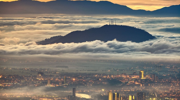 cityscape, lights, sunrise, nature, landscape, architecture, Malaysia, building, mountain, mist