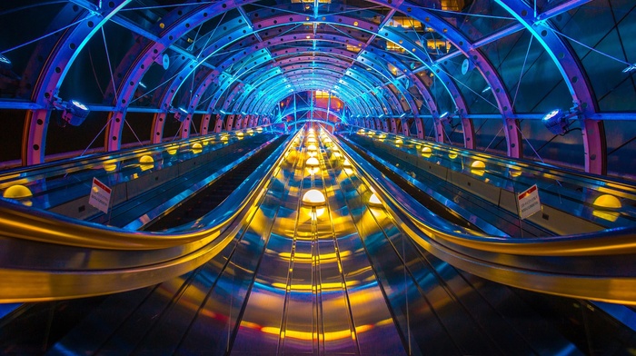 tunnel, colorful, escalator