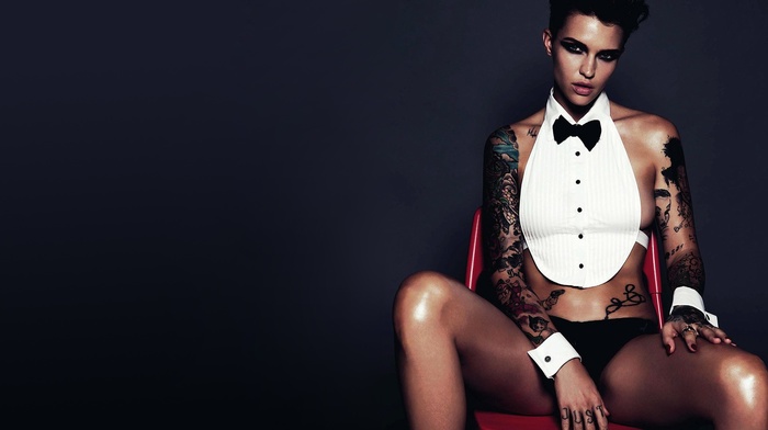 gray background, Ruby Rose actress, tattoos, brunette, actress