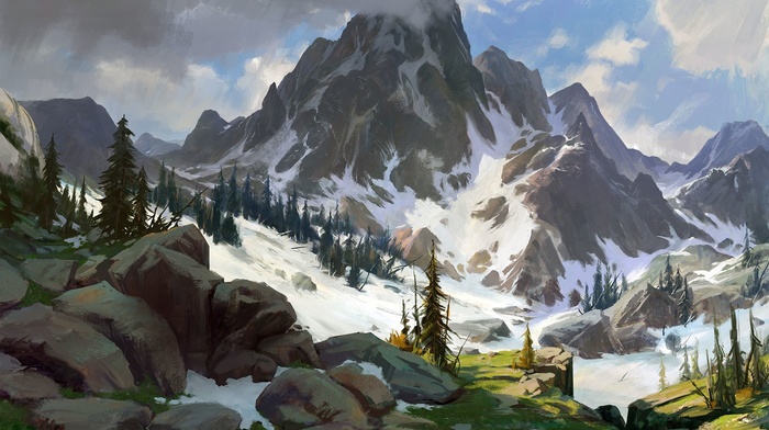 mountain, artwork, snow, drawing, nature