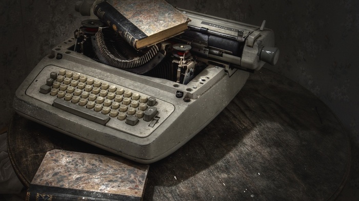 keyboards, walls, old, table, typewriters, books