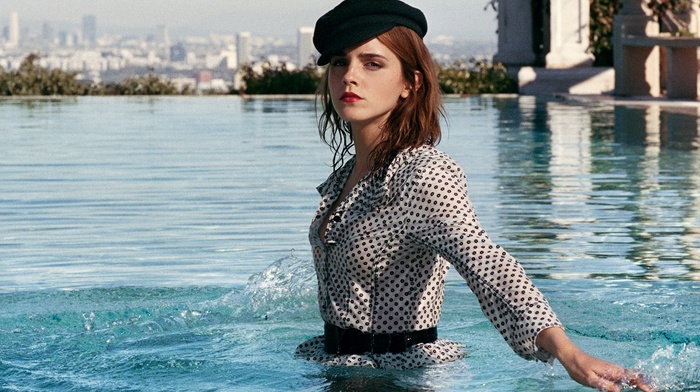 girl, hat, swimming pool, brunette, Emma Watson, actress