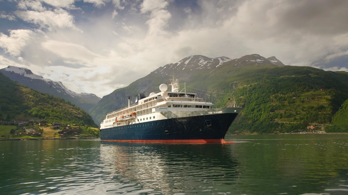 trees, clouds, mountain, technology, landscape, nature, fjord, machine, village, cruise ship