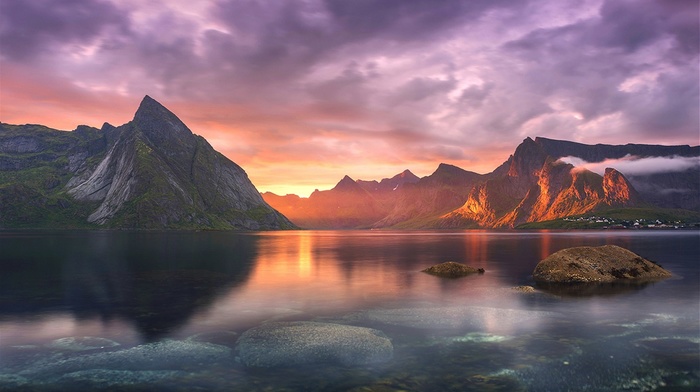 lake, sky, sunset, clouds, sunlight, sun rays, Lofoten, landscape, mountain, nature, village