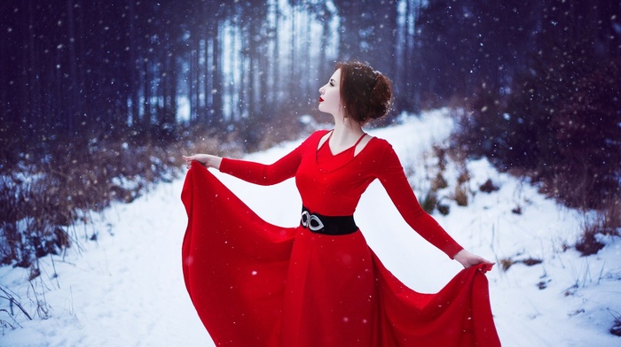 girl, red, dress, snow