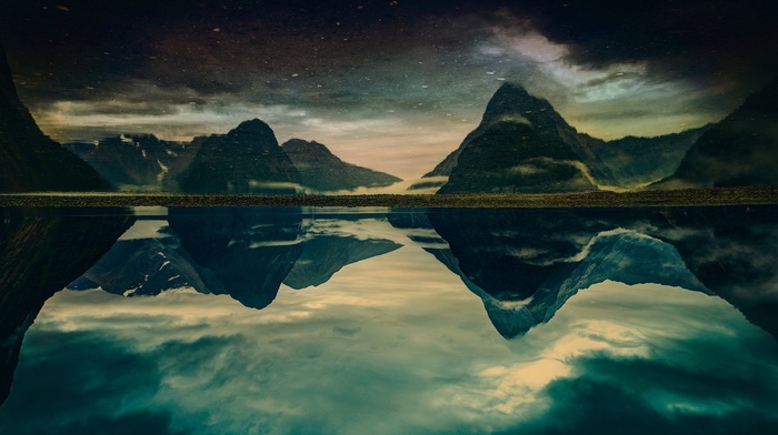 New Zealand, mountain, fjord, Milford Sound, morning, sky, reflection, landscape, dark, nature, water