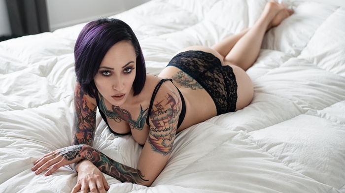 ass, black lingerie, tattoo, girl, in bed