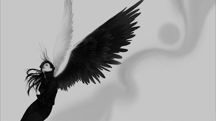 black, wings, angel wings, monochrome