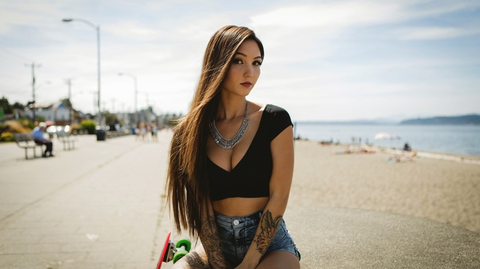 beach, jean shorts, model, Kristina Chai