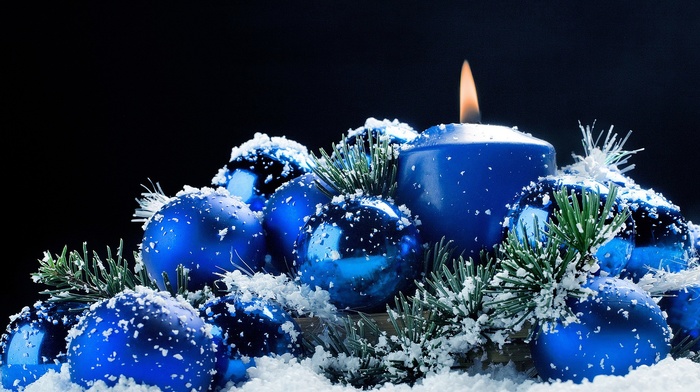 snow, Christmas ornaments, candles