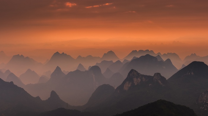 nature, amber, sky, lace, sunrise, Guilin, China, mountain, mist, landscape