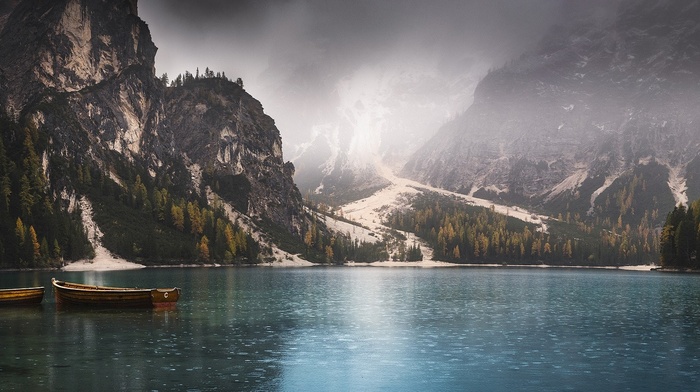 lake, nature, mist, fall, landscape, panoramas, Alps, rain, boat, forest, mountain, pine trees