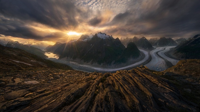 snowy peak, Alaska, sunset, nature, glaciers, sun rays, sky, fjord, clouds, mountain, landscape