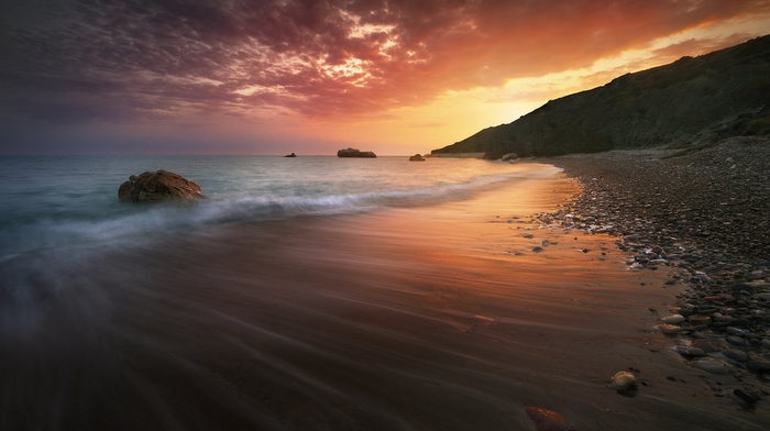 stone, sea, stones, nature, Cyprus, beach, water, clouds, long exposure, sunset