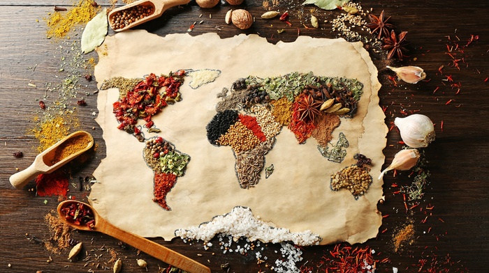 food, world map, spices