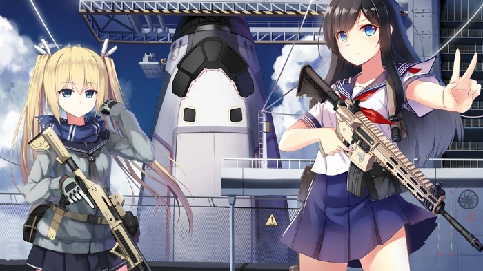 sailor uniform, space shuttle, weapon, anime girls, school uniform, original characters, gun
