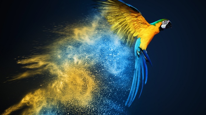 parrot, blue, yellow, photo manipulation, smoke