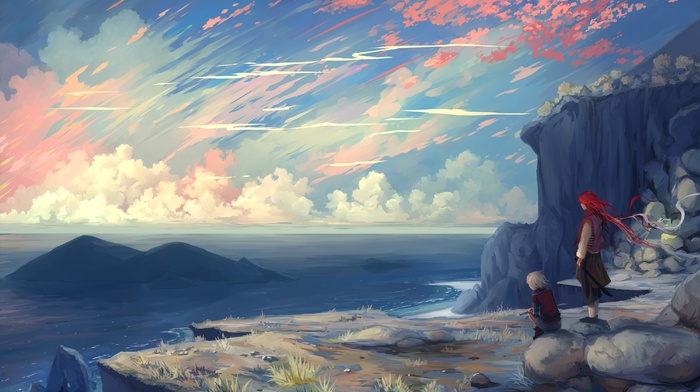 original characters, cliff, sunrise, clouds