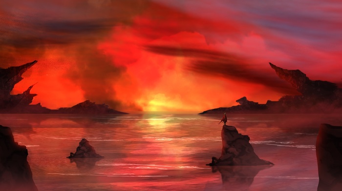 river, fire, water, red, smoke