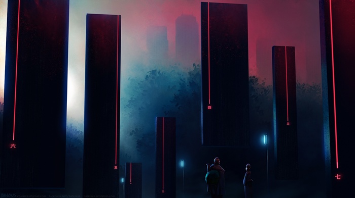 red, pillar, structure, black, cyberpunk