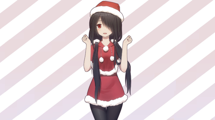 Christmas, black hair, long hair, Date A Live, Tokisaki Kurumi, anime girls, pantyhose, anime