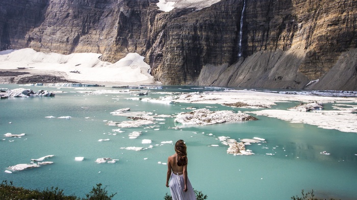 mountain, ice, lake, girl