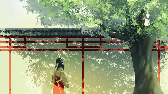 original characters, artwork, anime, anime girls, trees, Japanese clothes, miko
