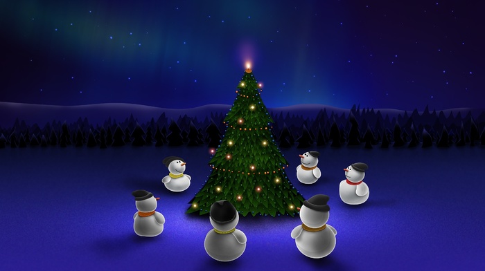 snowmen, Christmas tree, Christmas