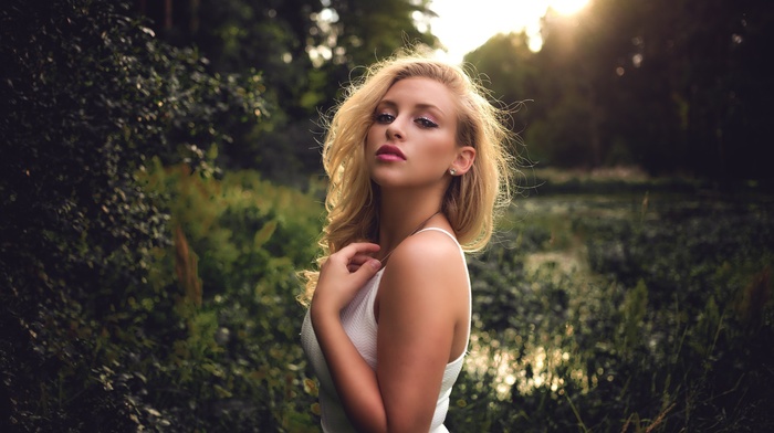 portrait, blonde, girl, white dress