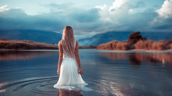 landscape, water, girl outdoors