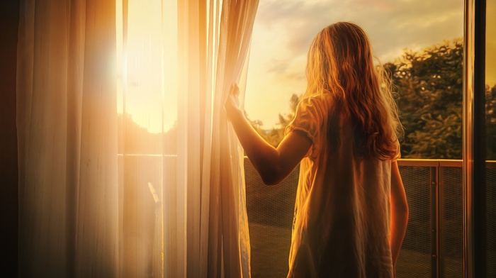morning, Sun, children, curtains