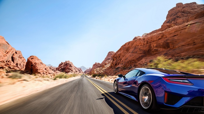 blue, road, desert, Acura NSX, car, sports car