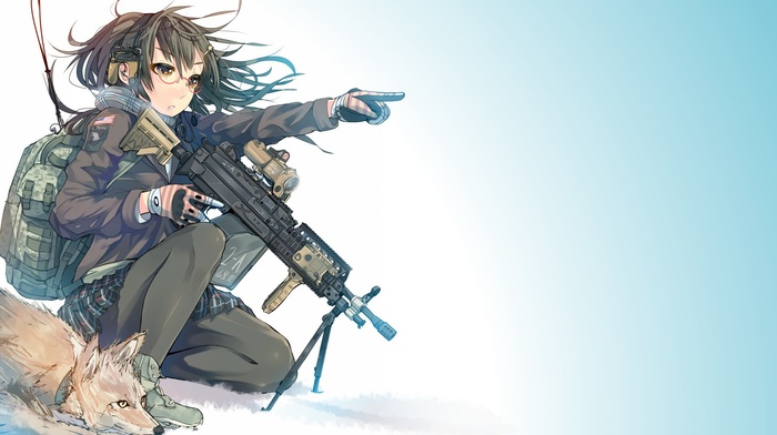 weapon, anime girls, pantyhose, girl with guns, glasses, fox, anime, original characters, Daito