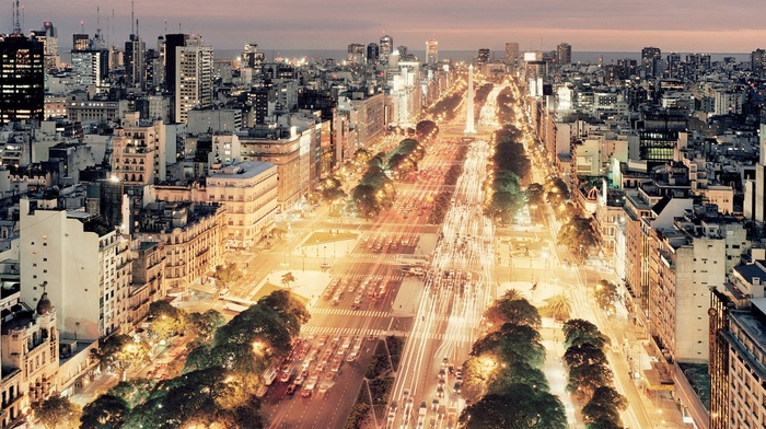 trees, car, Buenos Aires, city, night, building, road