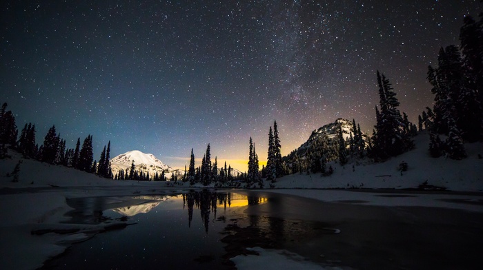lake, stars, snow