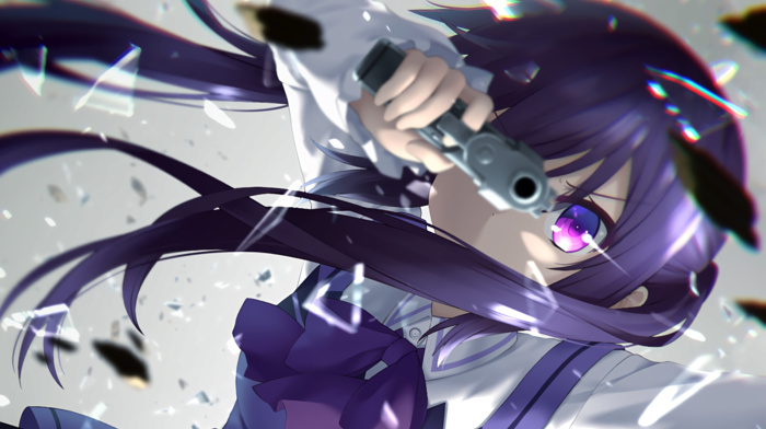 twintails, pistol, weapon, purple eyes, purple hair, gun, anime, Gochuumon wa Usagi Desu ka, Tedeza Rize, anime girls