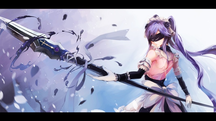 anime girls, blindfold, weapon, original characters, twintails, purple hair, spear, anime