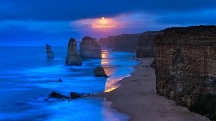 beach, nature, limestone, sea, landscape, moonlight, Twelve Apostles, coast, Australia, sky, cliff, clouds, rock