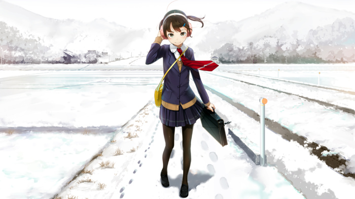 snow, anime girls, winter, original characters, school uniform