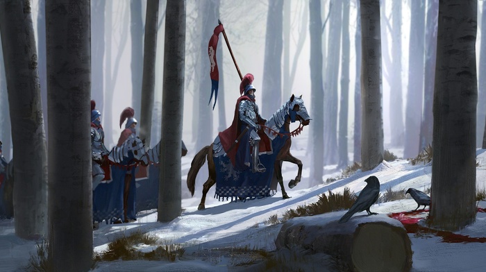 trees, knights, snow, forest, horse, crow, knight, fantasy art, artwork
