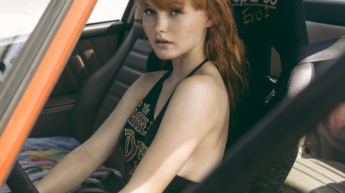 car, girl, Kacy Anne Hill, freckles, girl outdoors, redhead