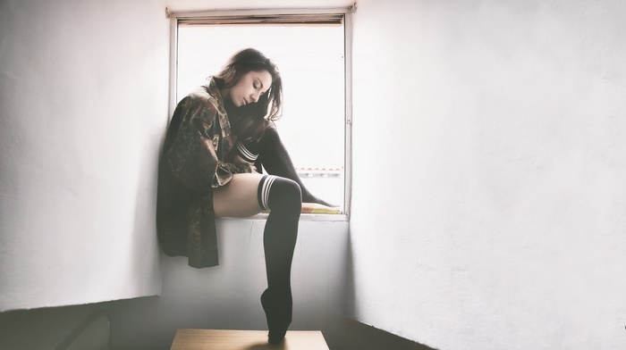 girl, window, socks, model