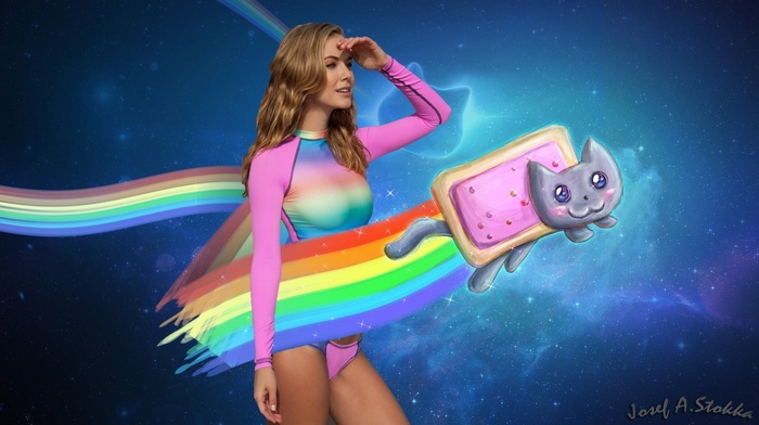 USA, Nyan Cat, miss pixie, chicks, bikini, photoshop, colorful, Rainbow Brite