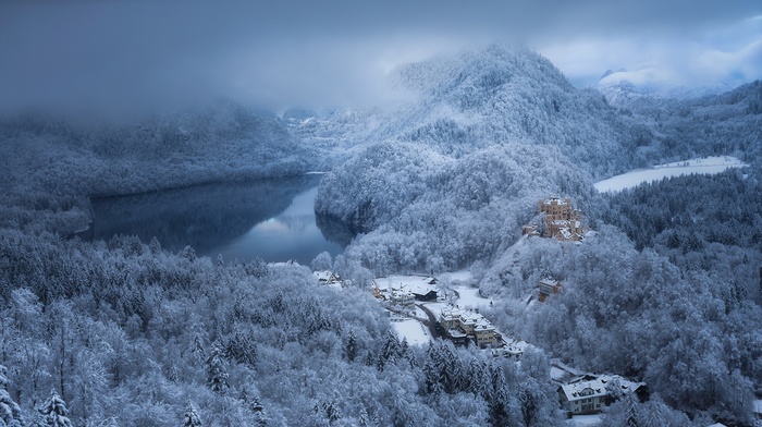 winter, architecture, lake, village, morning, clouds, landscape, nature, castle, forest, cold, building, snow, mountain, Germany, daylight