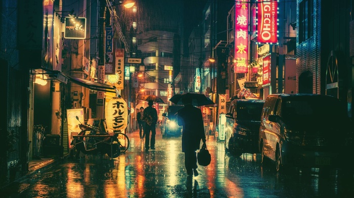 town, night, Japan, city