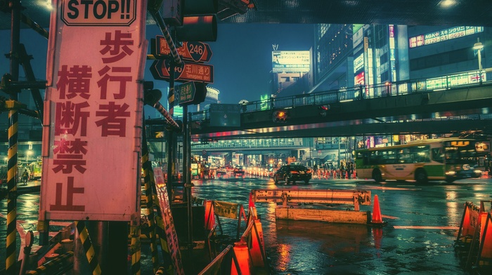 city, night, town, Japan