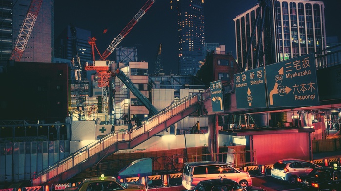 night, town, city, cranes machine, Japan, highway