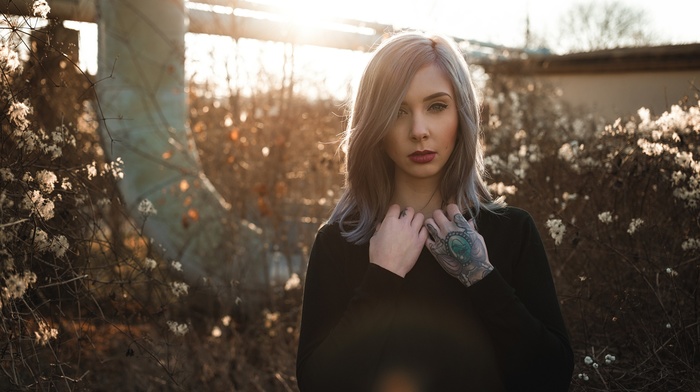 girl, sunset, tattoo, portrait