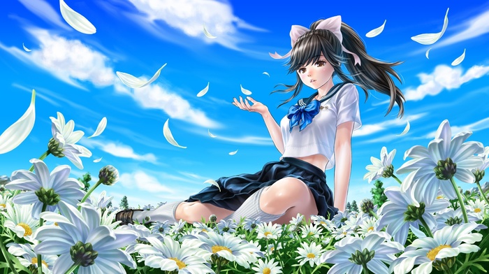 Love Plus, Takane Manaka, flowers, ponytail, school uniform, clouds